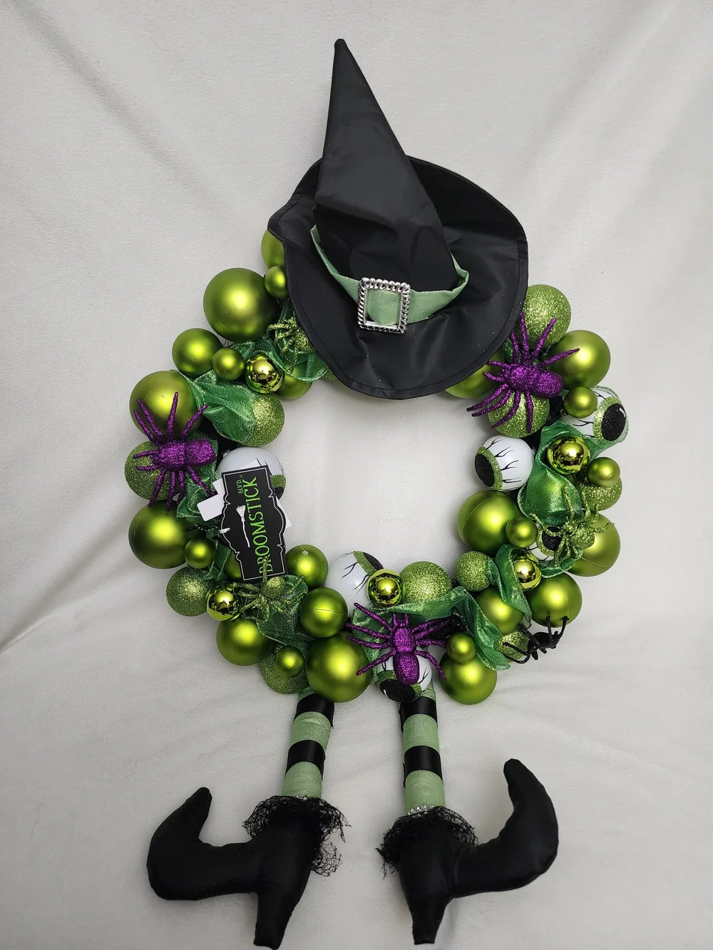 Halloween XLARGE Witch Wreath with Black Hat and Lime Green Ornaments